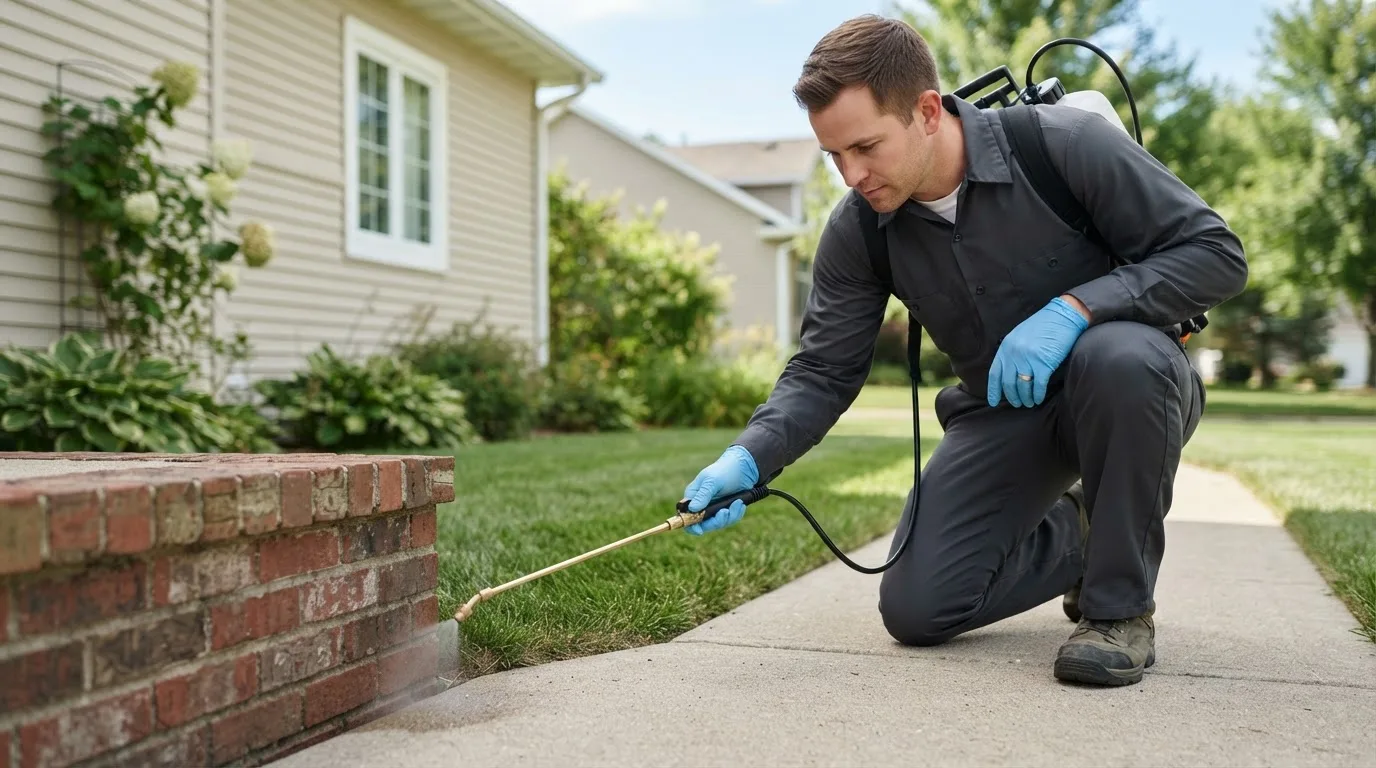 Pest control technician treating a home near Spencer, TN